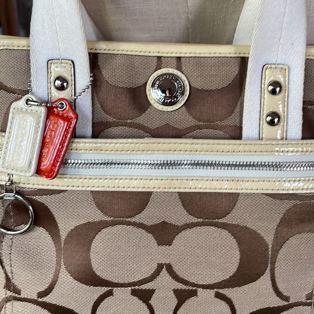 Taupe/tan Coach logo purse, violet lining, white straps - Picture 3 of 12